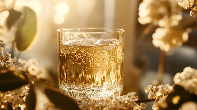 A glass of sparkling elderflower soda in an elegant crystal glass golden light reflections sophisticated luxury vibe