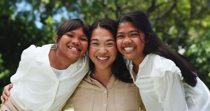 Face, mother and girls in park, smile and bonding together with care, trust and love. Portrait, family and parent with kids, outdoor and children with happiness, nature and weekend break with hug