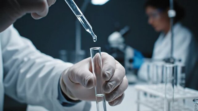 Lab Technician Dropping Liquid into Test Tube in Laboratory with Medical Research and Scientific Study Theme Under Soft Lighting In White Tone Color Palette and Blurred Background