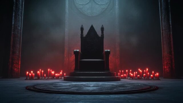 A gothic throne with intricate carvings and glowing candles, set in an ancient cathedral surrounded by dark shadows
