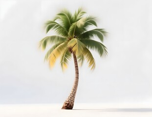 Solitary palm tree with green fronds against a bright white studio background