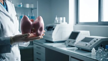 Medical Professional Holding Thyroid Model in Bright Laboratory Setting with Advanced Equipment and Detailed Anatomy for Healthcare Education and Clinical Study Use Cases