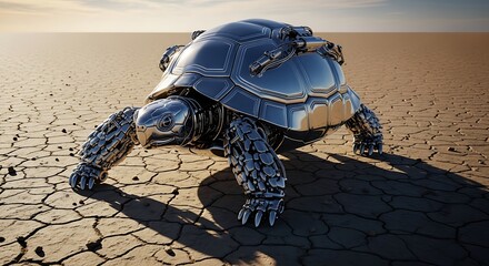 a striking image depicts a futuristic robotic turtle slowly traversing a cracked arid desert landscape under a warm glow high quality professional detailed
