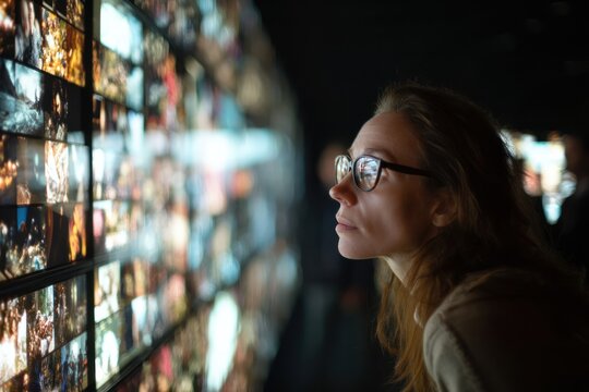 Woman watching multiple screens data analysis