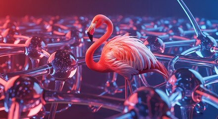a vibrant pink flamingo stands elegantly amidst a complex network of metallic glowing spheres and abstract futuristic structures in dramatic lighting high quality