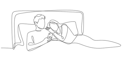 Continuous line art drawing of a couple in bed together, man holding smartphone with woman leaning on him, depicting modern intimate relationship Vector, illustration