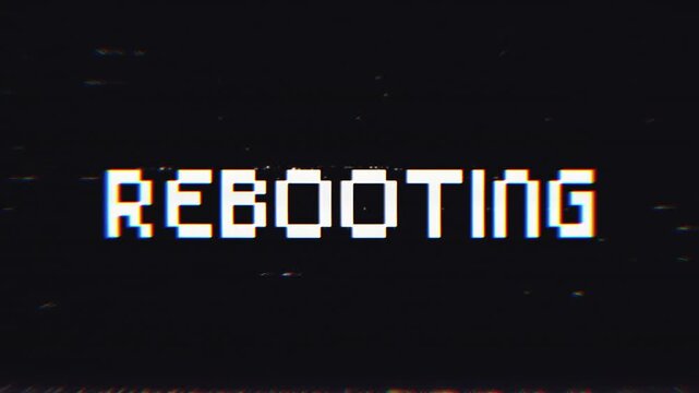 Rebooting Glitch Text Animation on Black Background. Ideal for tech, gaming, system startup, or error screen overlays and backgrounds.