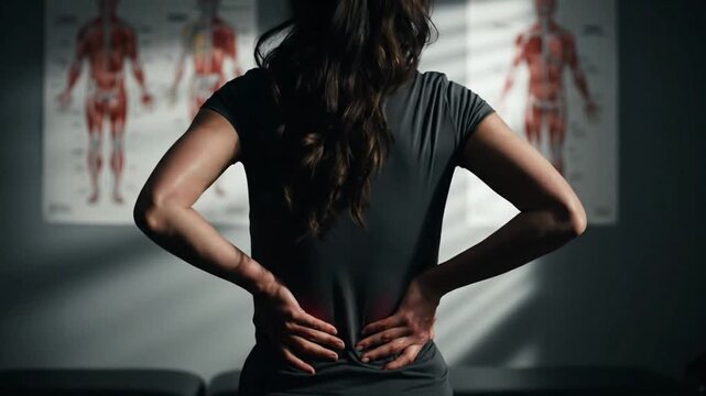 Rear View of Woman Experiencing Neck and Back Pain in Doctor's Office with Medical Anatomy Chart Under Bright Sunlight Conditions Neck Stiffness and Soreness Relief 198 Characters
