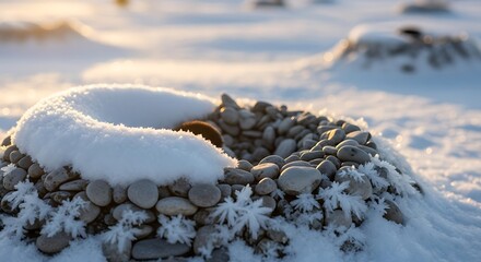 a captivating view of a snow covered rocky mound with a circular opening surrounded by winter s delicate frost patterns high quality professional
