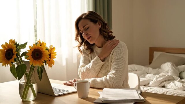 Woman Experiencing Shoulder Pain at Desk with Laptop and Sunflowers Near Window in Bedroom Setting Sunlight Streaming In Wearing White Knitted Sweater During Morning Routine