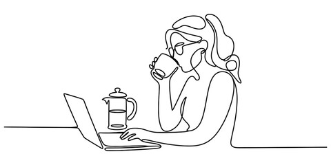 Continuous line art illustration of a woman working on a laptop, drinking coffee, with a french press on a desk, remote work concept. Vector, illustration