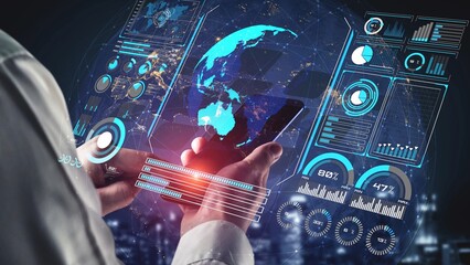 High-tech global network connection interface showing worldwide digital communication, data exchange, and internet connectivity. Global connection, data interaction, and worldwide communication. Thunk