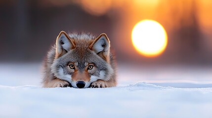 Coyote resting in the snow at sunset, exhibiting serenity and wild beauty in nature