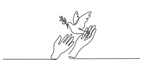 Continuous one line drawing of two hands cradling a flying dove with an olive branch, symbolizing peace, freedom, and hope. Vector, illustration