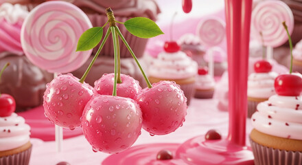 Pink Cherries Sweet Candyland Desserts Fantasy.