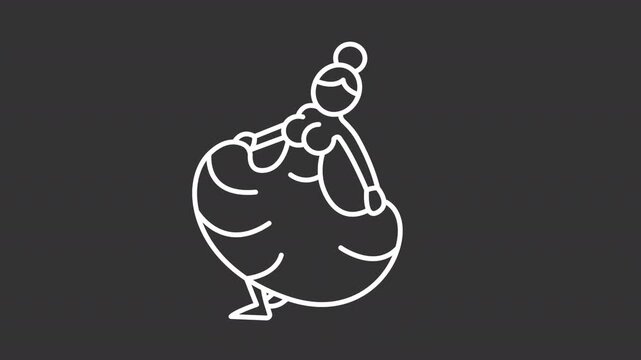 Animated woman performing national Mexican dance white line icon. Jarabe Tapatio party animation. Female dancer in long dress. Isolated element on dark background. Alpha transparent video