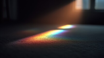 Naklejka premium Sunlight refracts into a rainbow spectrum on a textured dark floor, creating a magical light effect.