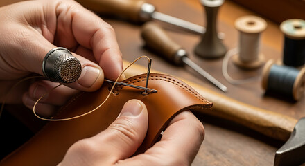 Skilled hands carefully sew brown leather with a needle and thread showcasing traditional craftsmanship precision detail in artisanal handmade leatherwork hobby