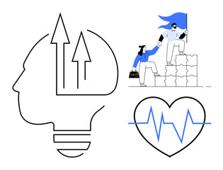 Silhouette head with arrows symbolizes growth, teamwork solving challenges, heart with heartbeat for health. Ideal for leadership, creativity, success, wellness, productivity, strategy motivation