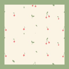 Square design with a light beige background and scattered small pink cherries and green leaves. The cherries are simplified with minimal detailing, and some have paired leaves. 