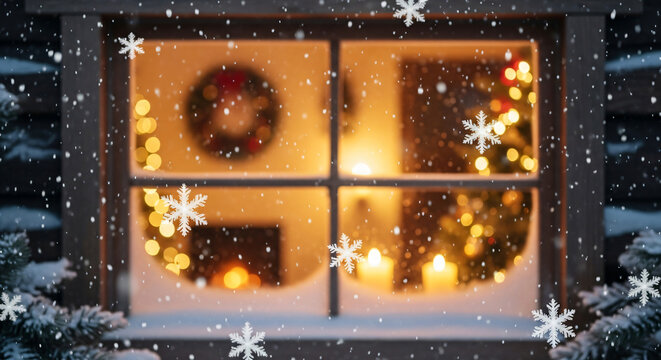 Experience winter magic watching snowflakes fall outside the window, with warm lights and festive decorations creating a cozy holiday atmosphere indoors - Powered by Adobe