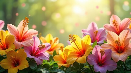 Fototapeta premium Vibrant hibiscus flowers blooming in soft sunlight with bokeh background