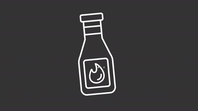 Animated chili sauce bottle white line icon. Hot paste seasoning for food animation. Unique taste of Mexican cuisine. Spicy pepper dish. Isolated element on dark background. Alpha transparent video