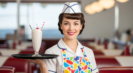 Smiling retro diner waitress holding a classic vanilla milkshake on a tray in a vintage restaurant setting cheerfully serving refreshing drink