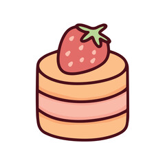 A small round sponge cake layered with cream and topped with a whole strawberry. A classic sweet dessert illustration suitable for birthday themes and bakery menus.