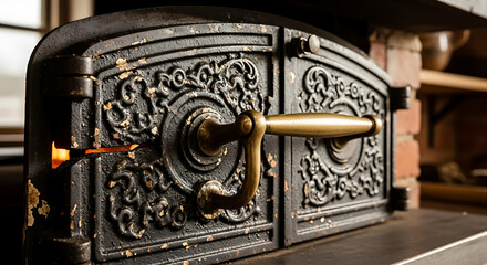 Ornate cast iron door of a traditional wood-fired oven glowing with embers for rustic baking warmth