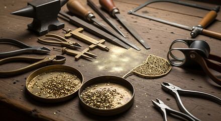 Master artisan's workshop table displaying various traditional hand tools alongside precious gold dust essential for intricate jewelry creation