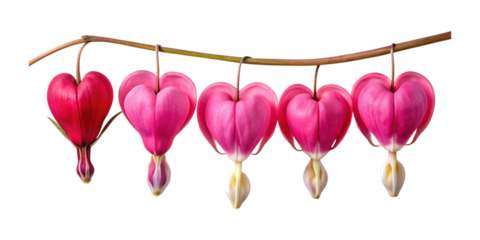 Close up of a branch with five beautiful bleeding heart flowers