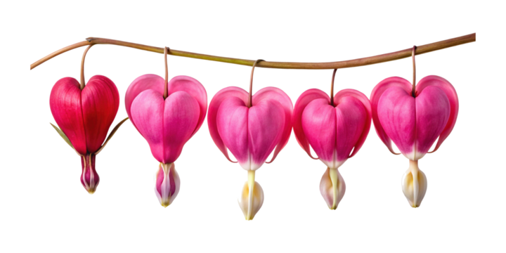 Close up of a branch with five beautiful bleeding heart flowers - Powered by Adobe