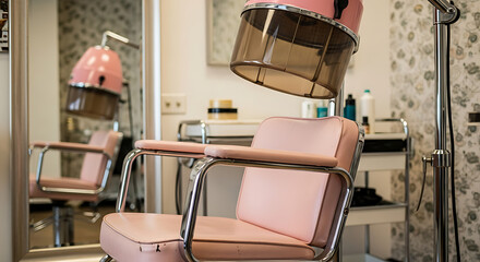 Empty vintage pink hair salon chair with retro hooded dryer in classic beauty parlor professional styling equipment interior