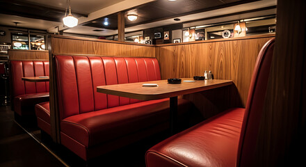 Vintage American diner restaurant interior classic red booths empty tables warm inviting retro lighting atmosphere evoking nostalgic dining experience