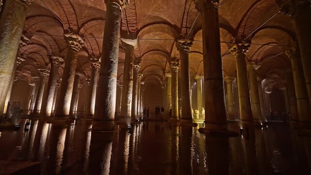 Historic Basilica Cistern in Istanbul with dramatic lighting, ancient columns and calm reflections creating a mystical underground atmosphere.