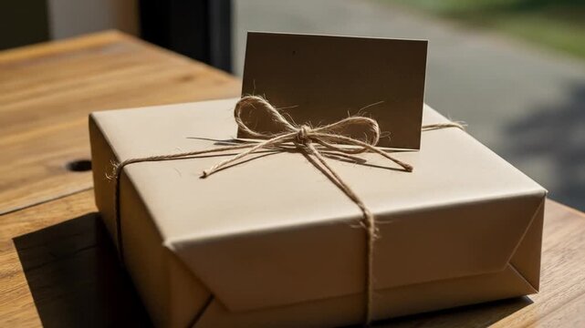 Gift Box Detail on Wooden Table with Simple Wrapping and Card