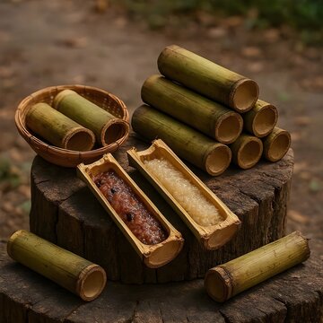 Sticky Rice Cooked in Bamboo (Khao Lam) - Classic Thai and Laotian Dessert, Served in Cut Bamboo Segments on a Wooden Stump.