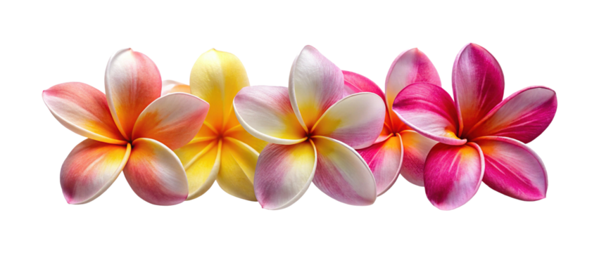 A vibrant array of plumeria blossoms in various hues of pink and yellow - Powered by Adobe