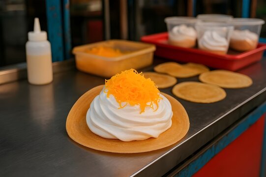 Close-up of "Kanom Buang" (Thai Crispy Cr&ecirc;pe) with Meringue and Sweet Golden Threads (Foi Thong) on a Street Food Counter.