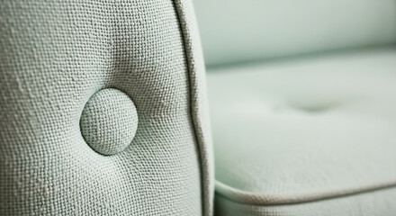Close-up detail of a stylish elegant light green upholstered sofa showing texture and a decorative tufted button for comfort
