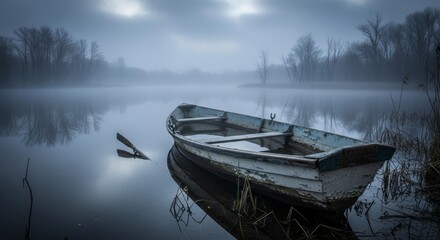 Fototapeta premium Tranquil Misty Morning on Still Water with Abandoned Boat