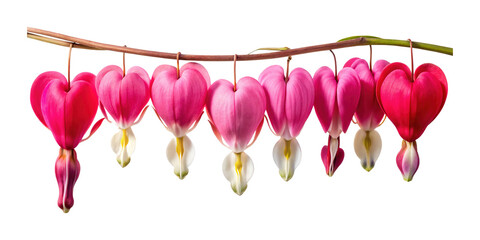 A row of stunning bleeding heart flowers hanging from a brown stem
