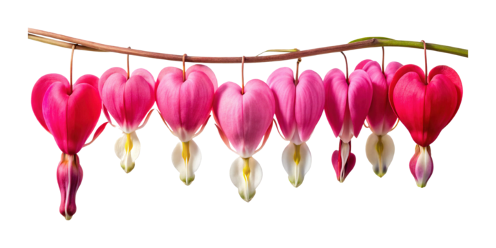 A row of stunning bleeding heart flowers hanging from a brown stem
