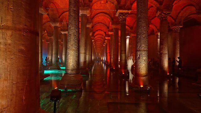 Historic Basilica Cistern in Istanbul with dramatic lighting, ancient columns and calm reflections creating a mystical underground atmosphere.
