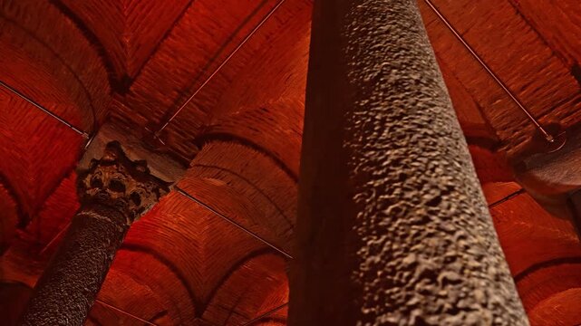 Historic Basilica Cistern in Istanbul with dramatic lighting, ancient columns and calm reflections creating a mystical underground atmosphere.