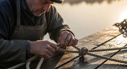 Experienced male fisherman skillfully tying a complex nautical knot on wooden pier early morning golden hour light