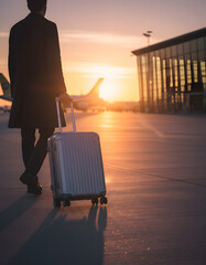 Close up of traveler with a suitcase at the airport at sunset. AI Generative