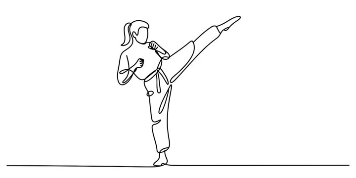 Continuous line drawing of a woman martial artist performing a high kick, showcasing dynamic movement, strength, and discipline in a minimal style Vector, illustration