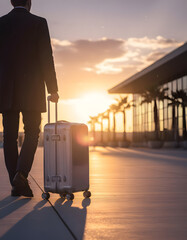 Close up of traveler with a suitcase at the airport at sunset. AI Generative